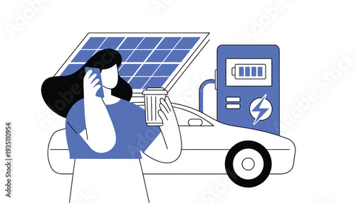 Solar panel charging electric car with woman holding tablet outside