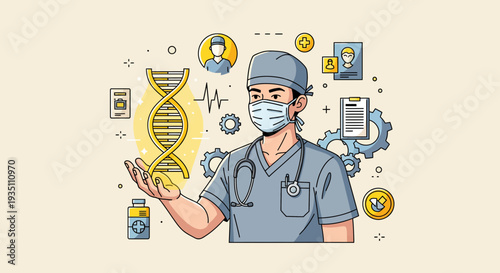 Doctor Holding DNA Helix Illustrating Genetic Research and Medical Technology