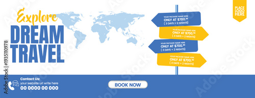 Professional Travel Discount Promo Banner Template for Tourism Website Header, Summer Holiday Vacation Sale, Luxury Travel Packages Flight Booking Cover design