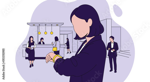 Businesswoman checking time in a modern office lobby reception area