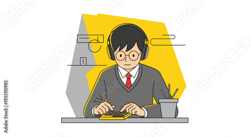 Student using calculator and headphones studying finance or accounting