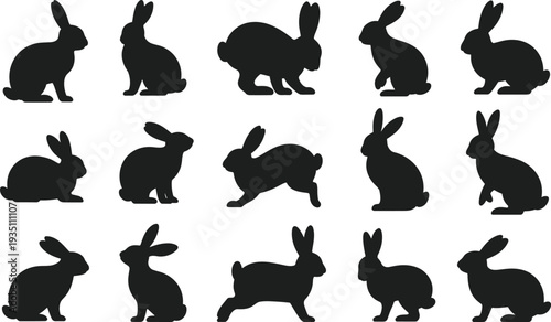 Vector illustration of fifteen black rabbit silhouettes in various poses including sitting, standing, crouching, and leaping for animal design content