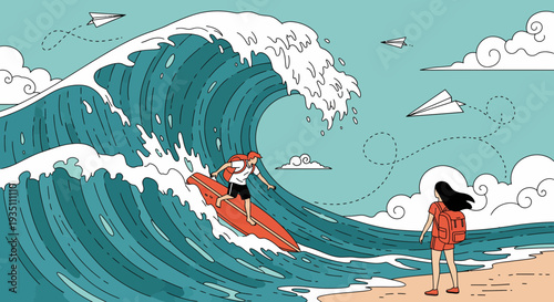 Surfer Rides Big Ocean Wave With Spectator on Beach and Paper Airplanes