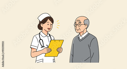 Nurse talking to an elderly man during a health consultation