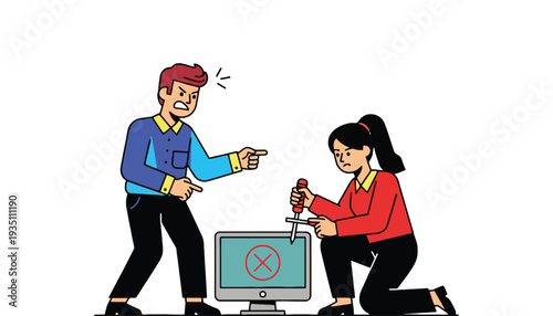 Woman fixing computer with screwdriver while man points and scolds