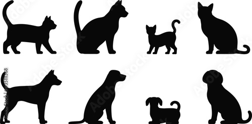 PrintCat and dog silhouettes, animal posture variations, pet illustration collection, feline canine design, domestic animals, motion study, pet art concept