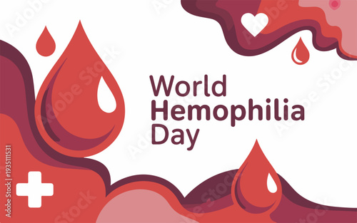 World hemophilia day awareness campaign with red blood drops and medical cross symbol on white background