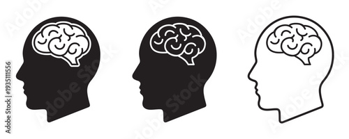 Human Brain and Head Profile Icon Set Vector – AI, Artificial Intelligence and Psychology Symbol in Outline 
and Filled Styles