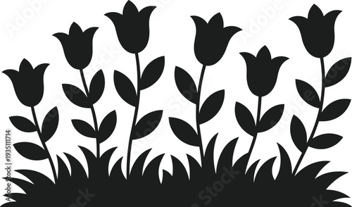 Black silhouette flower bed with tulips and grass vector art