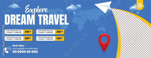 Professional Travel Agency Promotional Website Header Banner Template for Tourism Marketing, Summer Holiday Vacation, Flight and Hotel Booking Discount banner template design