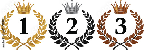 Winner Podium Laurel Wreath Set with Gold Silver and Bronze Crowns for First Second and Third Place Ranking and Award Ceremony Icon.