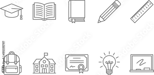Collection of education and school line icons featuring books, pencils, and a graduation cap
