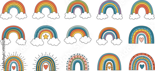 Cute Rainbow Collection with Clouds, Hearts, Stars, and Boho Style Arches for Nursery Decor, Kids Designs, Stickers, and Baby Shower Graphics