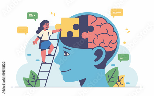 Woman on ladder placing puzzle piece into brain symbolizing mental health self improvement and cognitive growth