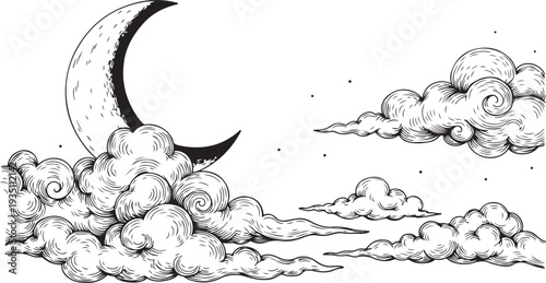 A black and white drawing of a crescent moon and clouds