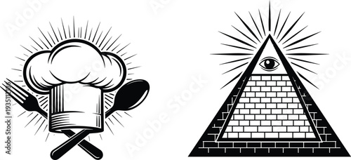 Chef Hat with Spoon and Fork and All Seeing Eye Pyramid Symbols Vector Illustration