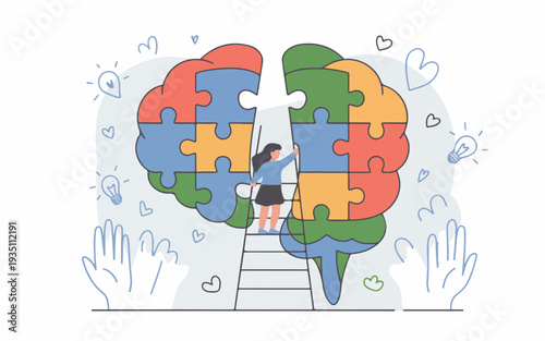 Woman climbing stairs to complete puzzle brain symbolizing mental health self improvement and cognitive function