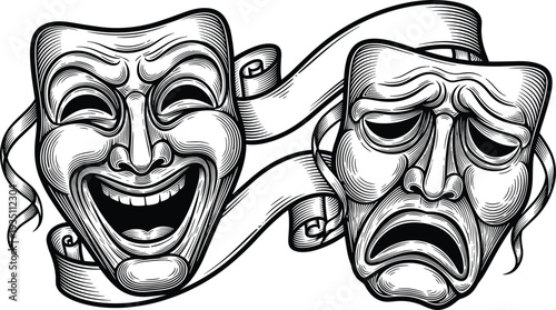 Comedy and Tragedy Theater Masks Vintage Engraving Style Vector Illustration