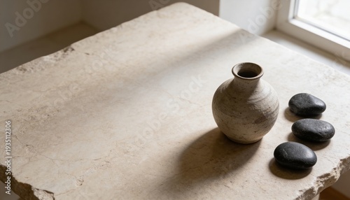 Unbranded ceramic vase and smooth stones on a travertine table with dark copy space