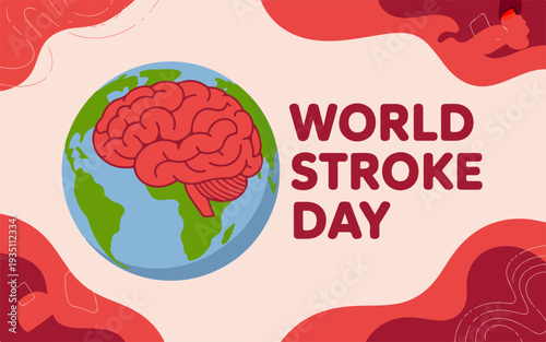World stroke day awareness poster with globe and brain illustration on red background