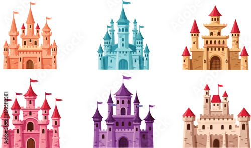 Fairy Tale Castle Collection with Colorful Medieval Palace Towers and Fantasy Kingdom Architecture Cartoon Vector Illustration Set