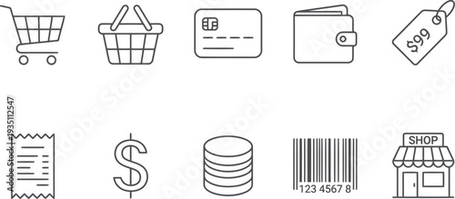 Collection of simple line icons representing shopping e commerce and retail concepts on white background