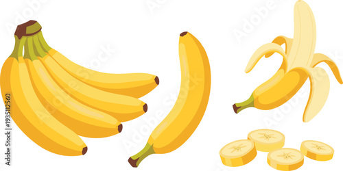 Fresh Banana Set with Whole Bunch, Single Banana, Peeled Fruit, and Slices Vector Illustration for Healthy Food and Tropical Nutrition Designs