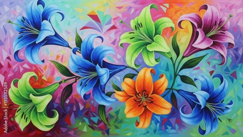 Colorful Floral Symphony: A vibrant array of blooming lilies in a spectrum of bold hues, set against a backdrop of abstract shapes, evoking a sense of joy and the beauty of nature.