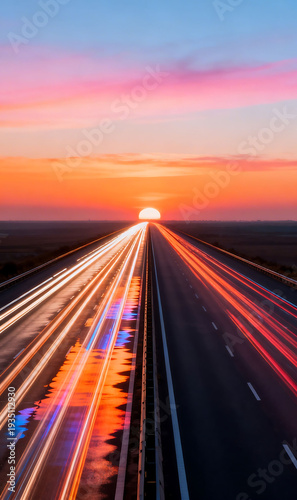 Highway at sunset with light trails