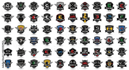 Collection of various sports team emblems and logos in black and white.
