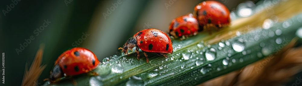 Naklejka premium Four ladybugs crawl on a water-covered green leaf, showcasing their shiny red shells with black spots in a fresh natural environment.