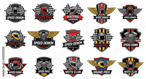 Collection of motorcycle racing club emblems with checkered flags and skulls.