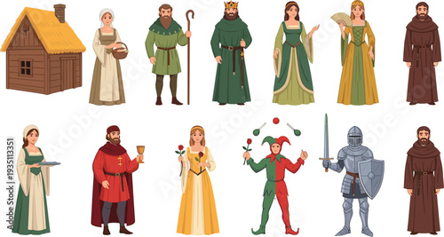 Medieval Royalty and Village People Vector Illustration Set with King, Queen, Knight, Monk and Peasant Characters