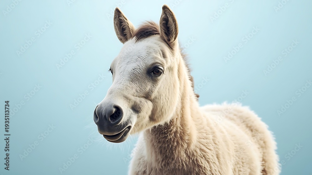 Obraz premium A beautiful white pony stands in a soft blue light studio setup