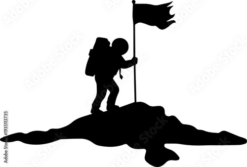 Astronaut planting flag on moon hill silhouette illustration