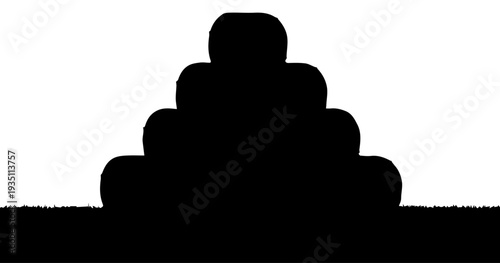 Black silhouette of stacked round hay or straw bales on a field isolated on a white background, agricultural harvest scene