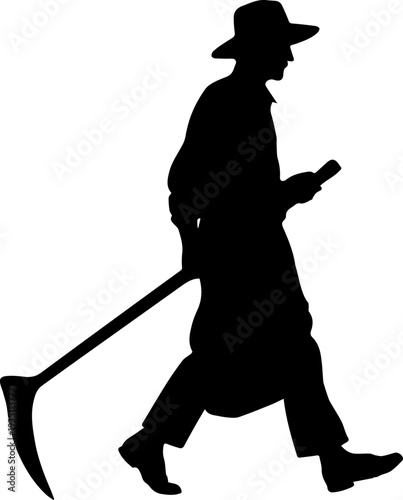 Black Silhouette of Farmer with Scythe Walking Vector Illustration