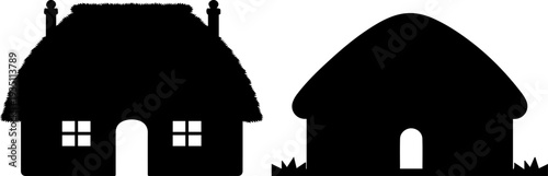 Traditional Thatched Cottage and Round Hut Silhouette Icons