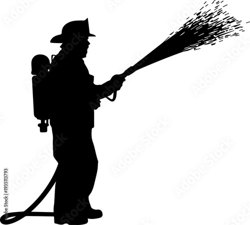 Firefighter Silhouette Spraying Water with Hose Vector Graphic