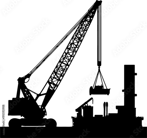 Industrial Crane Lifting Heavy Load Black Silhouette Vector Illustration