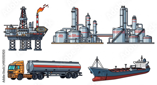 Oil Refinery and Transportation Vehicles.