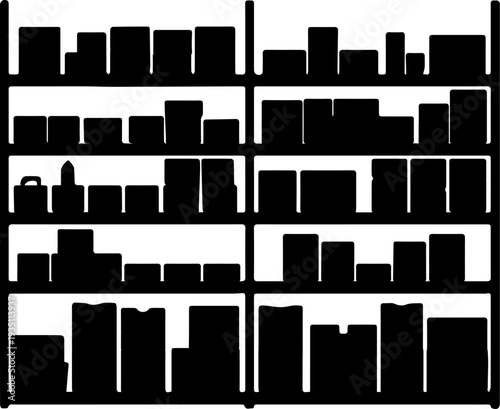 Minimalist Black Silhouette of Bookshelves or Store Shelves Filled with Various Items
