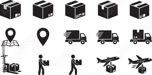 Black and white delivery including boxes trucks airplane and people delivery black and white