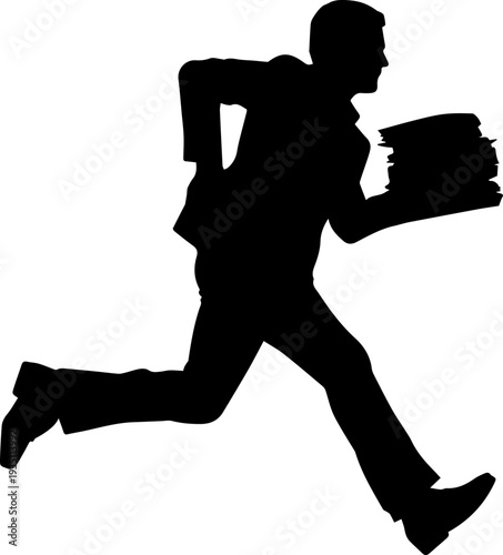 Rushing businessman silhouette with papers in hand, representing urgency and workload in business