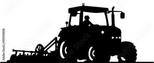 Black Silhouette of a Tractor with Plow and Farmer Plowing Field Vector Illustration
