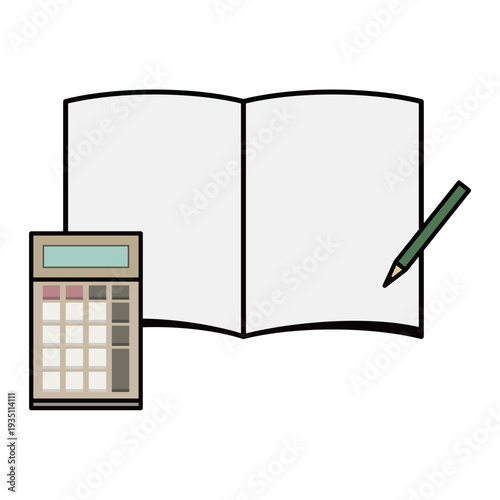 電卓と見開きノートと鉛筆のイラストセット
