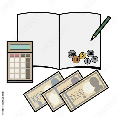 電卓とノートと現金（紙幣・硬貨）のイメージ素材