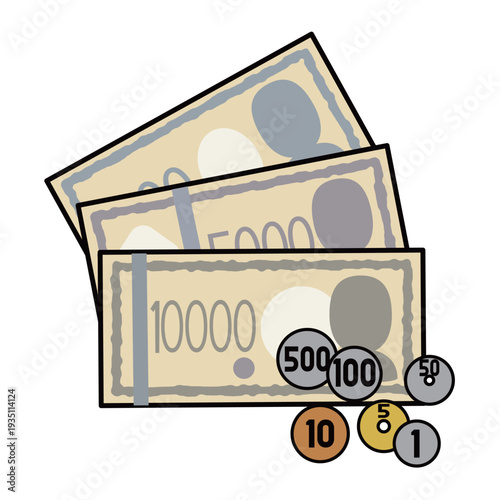 シンプルでかわいい日本円・紙幣と硬貨のセットイラスト