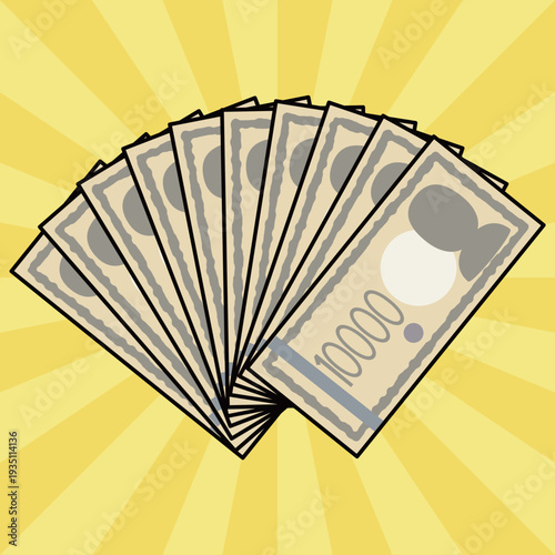 	集中線と扇状に広がる一万円札の金運アイラスト