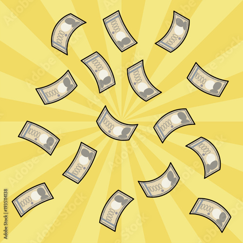	集中線と舞い散る一万円札・お札の雨のイラスト